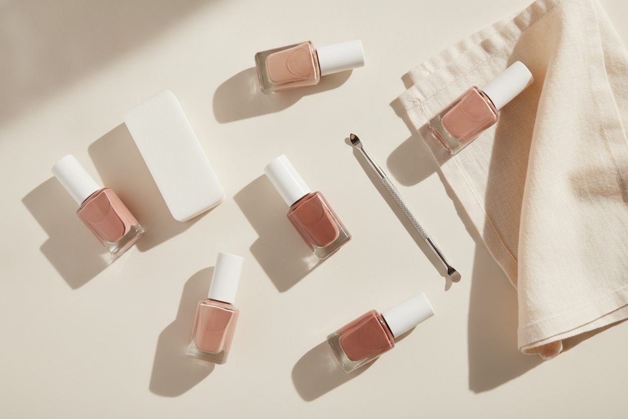 Nail lacquer bottles and tools arranged on a pale surface